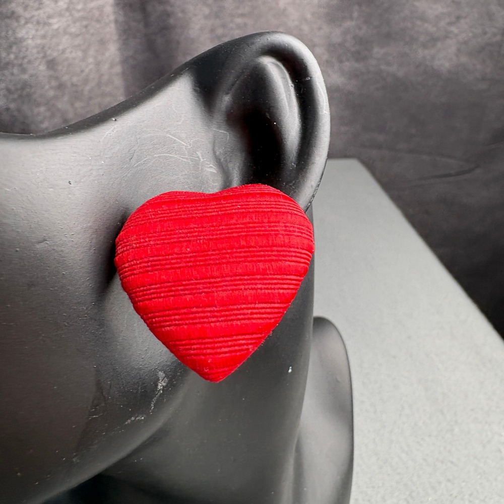 Jewels By Park Lane Red Ribbed Fabric Heart Stud Earrings Vintage Silver Tone